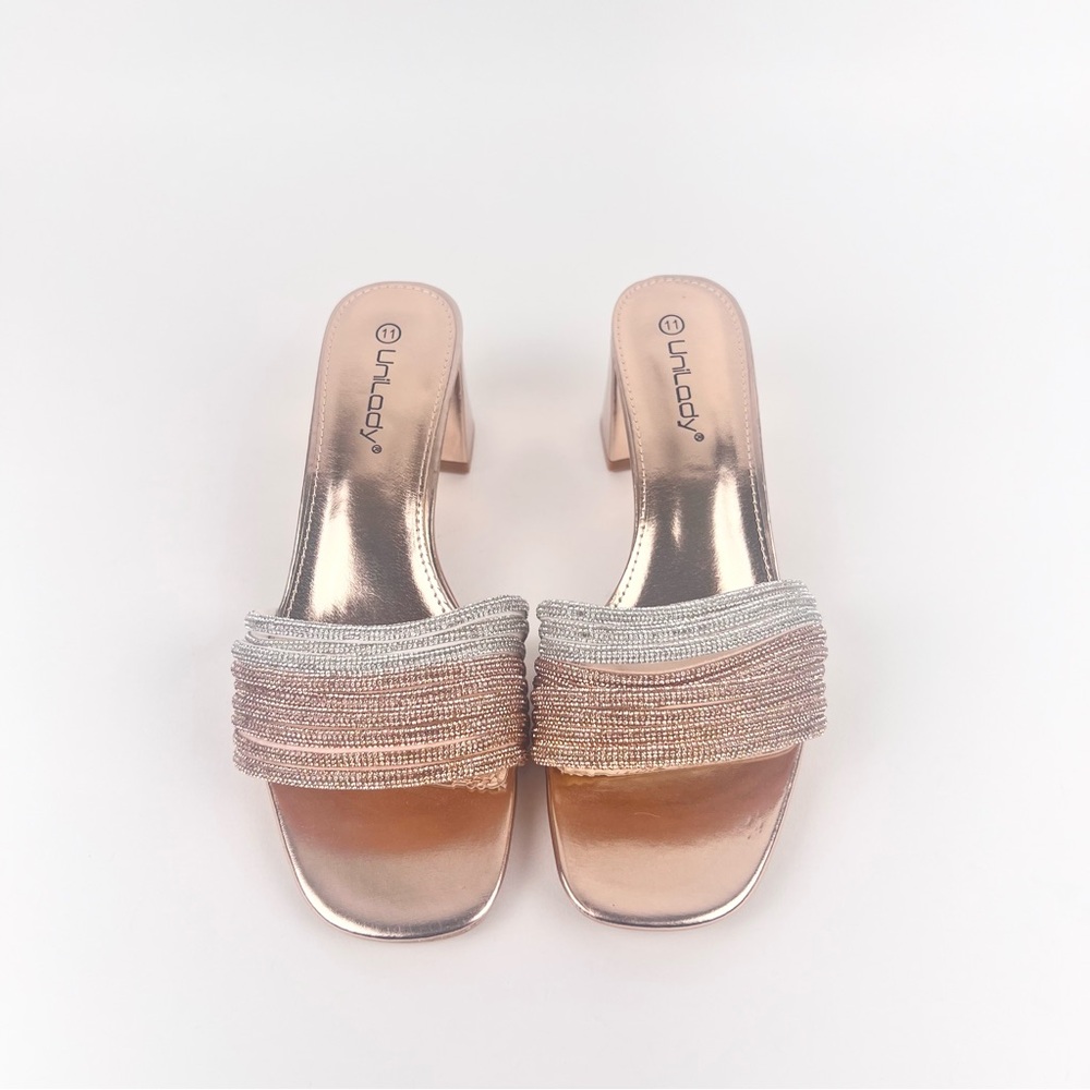 Rose Gold Mules with Sparkly Straps and Metallic Footbed